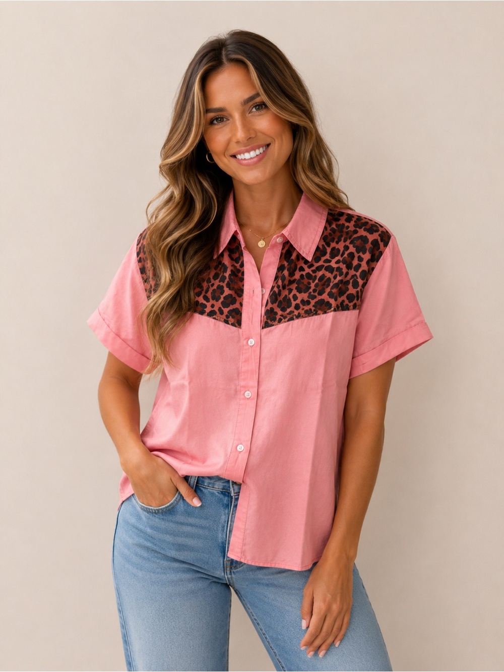 Pink Short-Sleeve Button-Up Top with Leopard Yoke